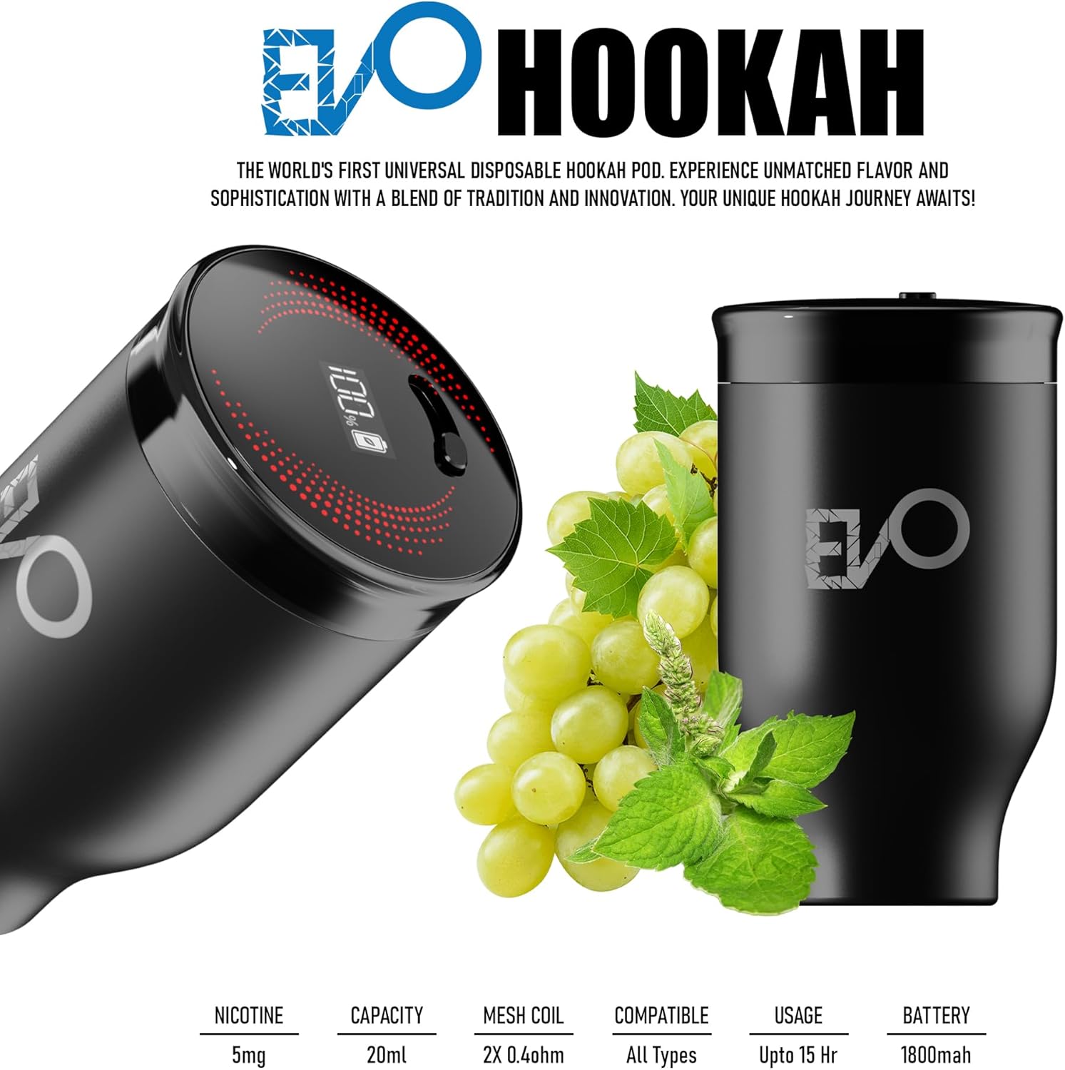 EVO Rechargeable Hookah Pod Set (Flavors: Grape Mint) - Tobacco & Nicotine Free