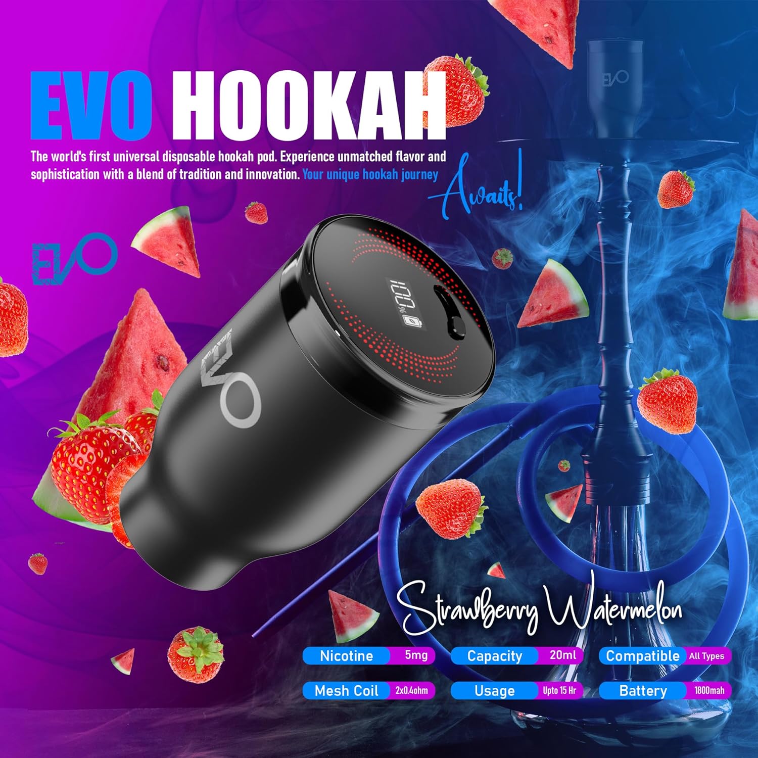 EVO Rechargeable Hookah Pod Set (Flavors: Strawberry Watermelon) - Tobacco & Nicotine Free