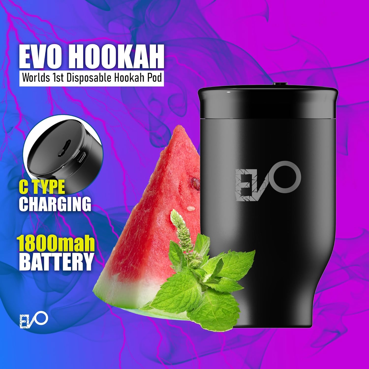 EVO Rechargeable Hookah Pod Set (Flavors: Watermelon Mint) - Tobacco & Nicotine Free
