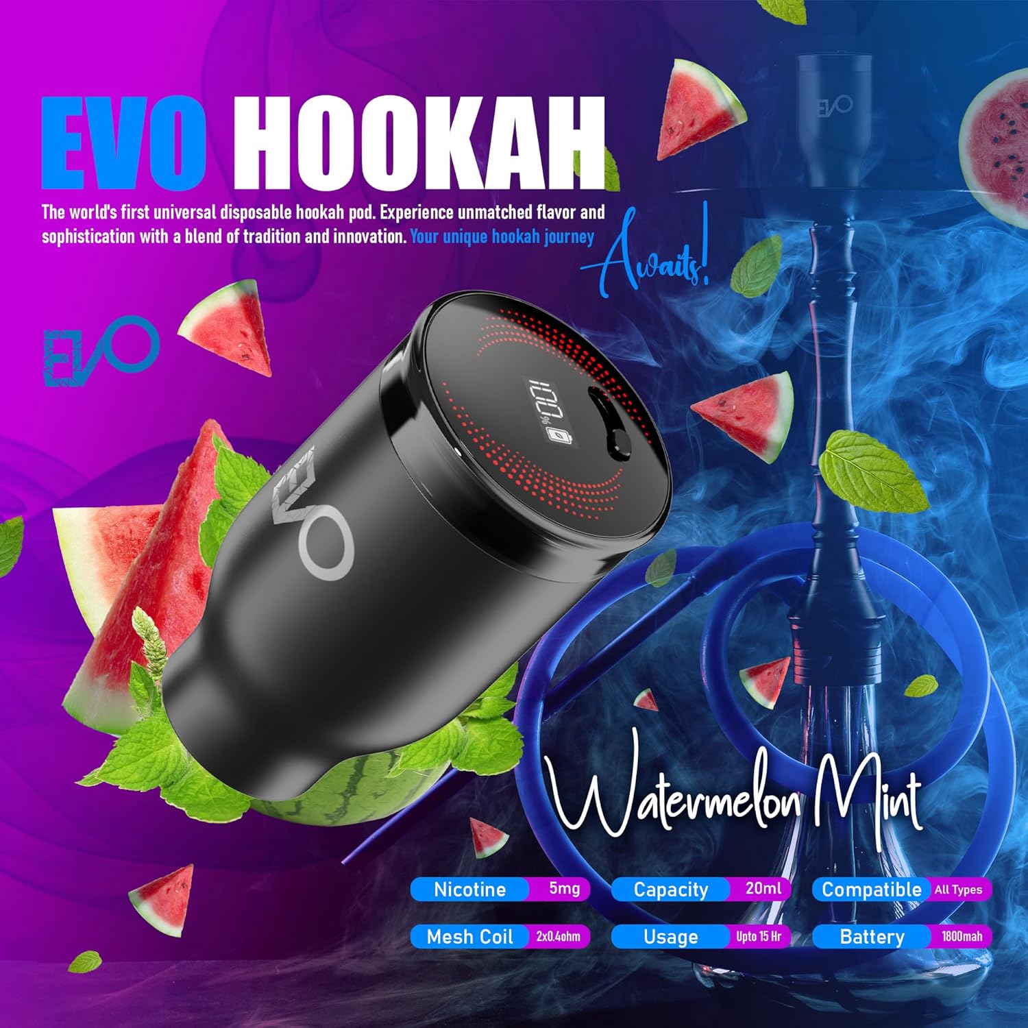 EVO Rechargeable Hookah Pod Set (Flavors: Watermelon Mint) - Tobacco & Nicotine Free