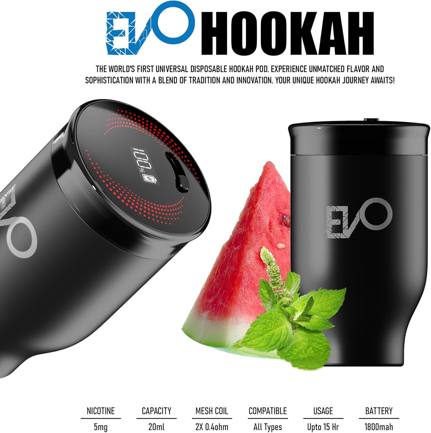 EVO Rechargeable Hookah Pod Set (Flavors: Watermelon Mint) - Tobacco & Nicotine Free