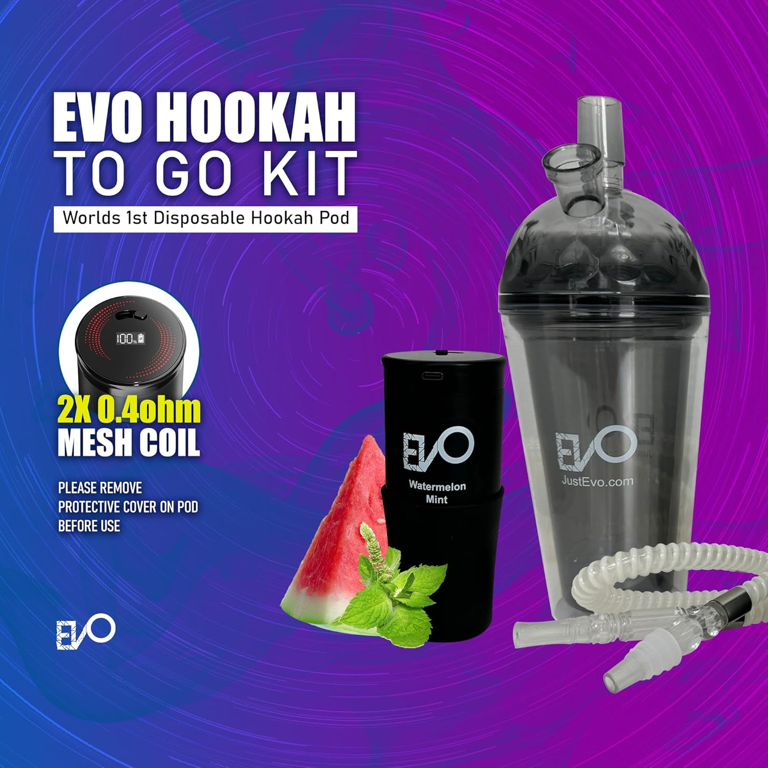 Rechargeable Hookah To Go Kit (Flavors: Watermelon Mint) - Tobacco & Nicotine Free